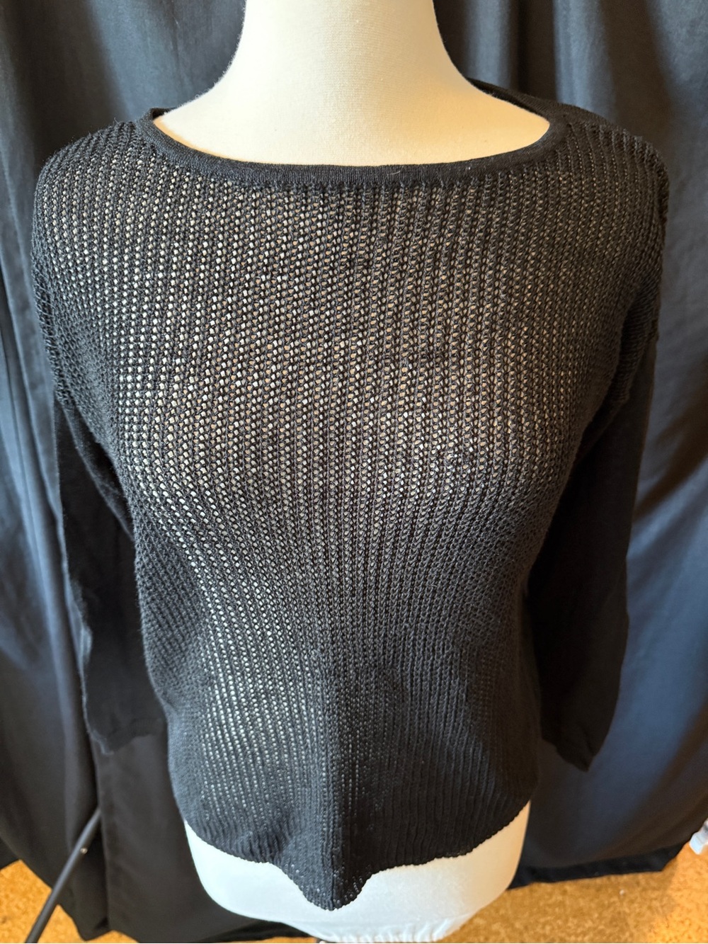 Design History Women's Black Open-Knit Boat Neck Pullover Sweater, Size S